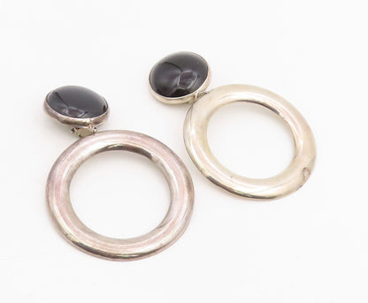 925 Sterling Silver Vintage Earrings Cabochon Onyx Large Circle Clip On  EG14078
