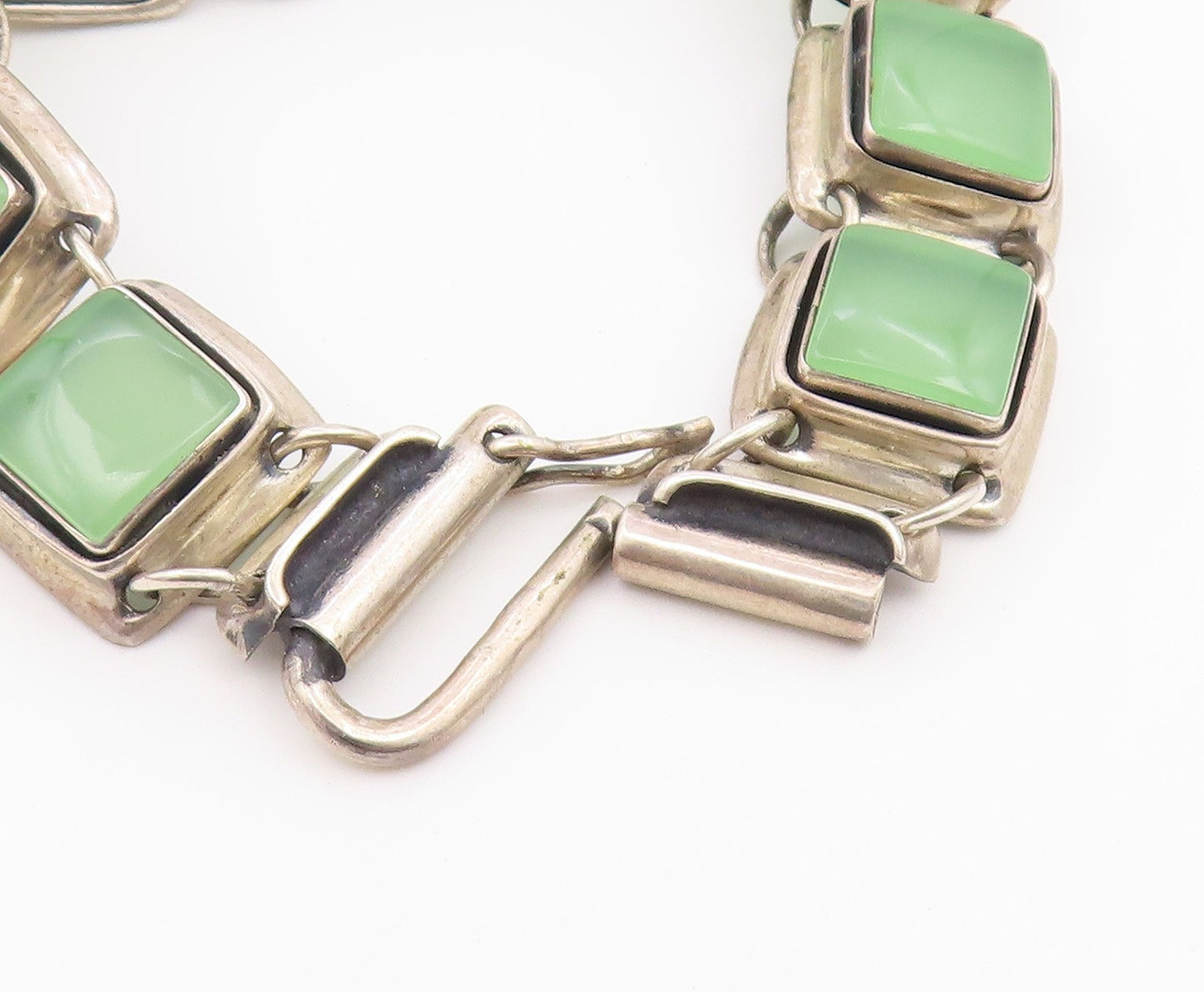 925 Sterling Silver Vintage Bracelet POLAND Jade Geometric Square Link  BT12175