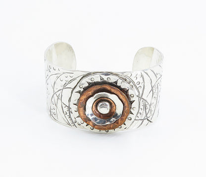 925 Sterling Silver  Vintage Two Tone Hammered Floral Cuff Bracelet  BT3442