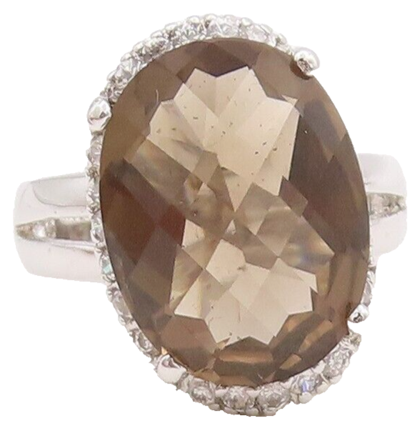 925 Sterling Silver Vintage Ring Designer CZ Oval Cut Smoky Quartz Sz 7  RG29840