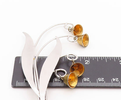 925 Sterling Silver Vintage Brooch MANREY Leaves With Dangling Bells  BP11650