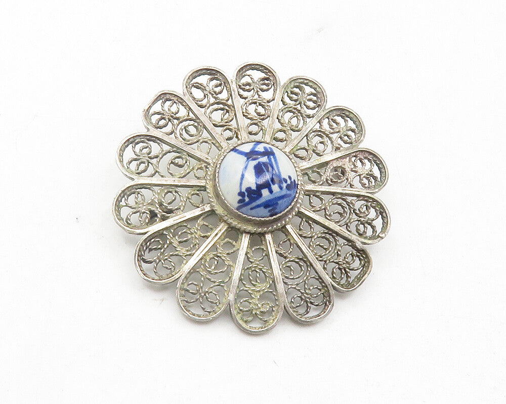 925 Silver  Vintage Antique Enamel Windmill Filigree Floral Brooch Pin  BP4375