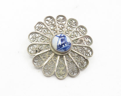 925 Silver  Vintage Antique Enamel Windmill Filigree Floral Brooch Pin  BP4375