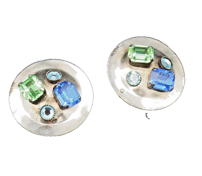 925 Silver  Vintage Peridot & Gemstones Non Pierced Disc Earrings  EG11739