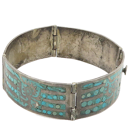 MEXICO 925 Silver  Vintage Antique Turquoise Panel Chain Bracelet  BT7509