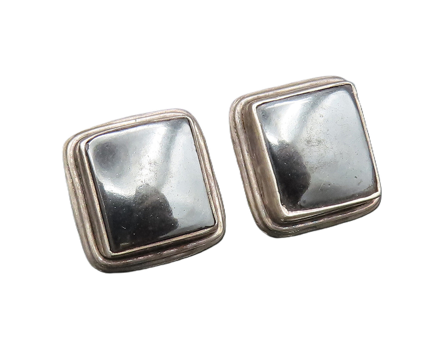 925 Sterling Silver  Vintage Inlaid Square Hematite Stud Earrings  EG11869