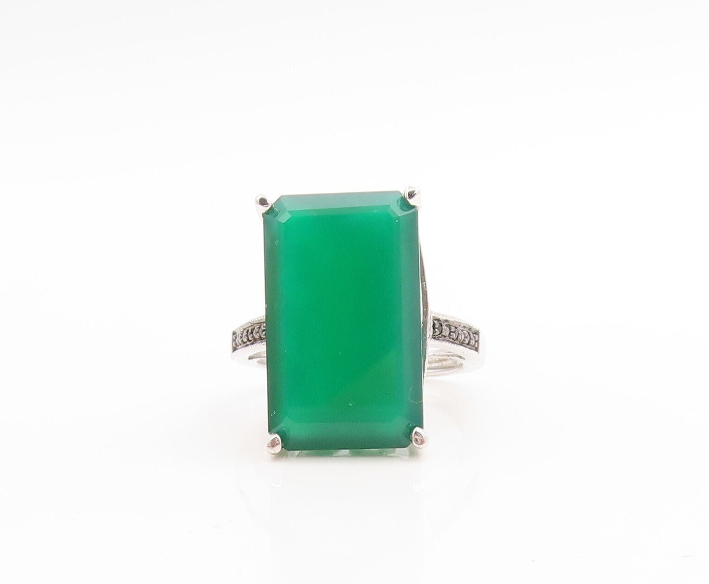 925 Sterling Silver Vintage Ring Black Diamonds & Green Onyx  Sz 8  RG30701