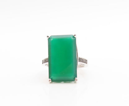 925 Sterling Silver Vintage Ring Black Diamonds & Green Onyx  Sz 8  RG30701