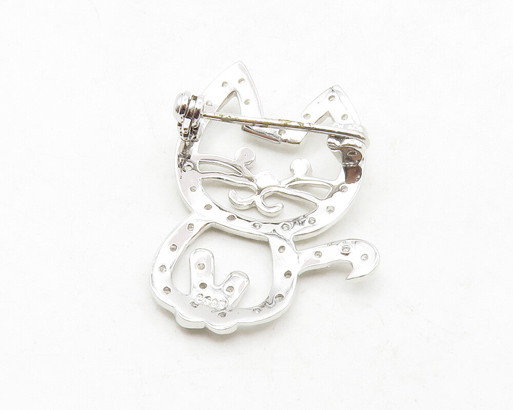 925 Sterling Silver  Shiny Pink & White Topaz Sitting Cat Brooch Pin  BP4901