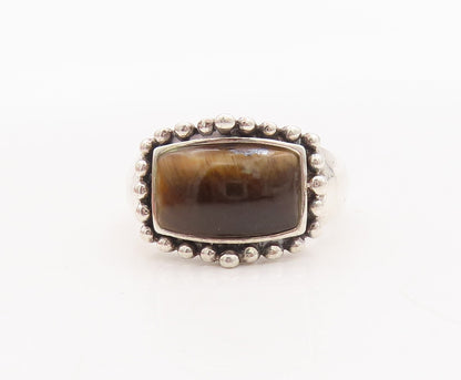 925 Sterling Silver Vintage Ring Rectangle Tiger's Eye Beaded Frame Sz 8 RG29131