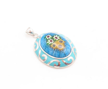 925 Sterling Silver Vintage Pendant Oval Enameled Chinese Floral Design PT23757