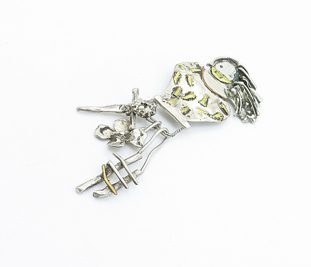 925 Sterling Silver  Vintage Antique 2 Tone Dangling Charms Brooch Pin  BP2262