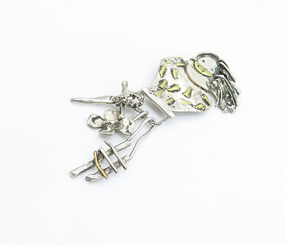 925 Sterling Silver  Vintage Antique 2 Tone Dangling Charms Brooch Pin  BP2262