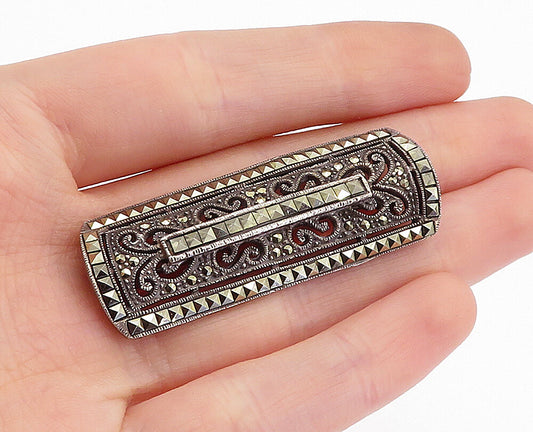 925 Sterling Silver  Vintage Marcasite Decorated Swirl Brooch Pin  BP1524