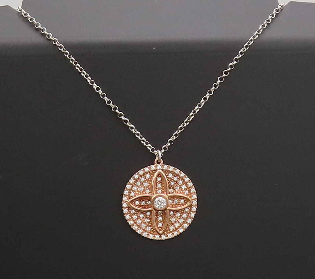 925 Sterling Silver  Vintage CZ Inlay Carved Flower Round Necklace  NE4216