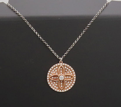 925 Sterling Silver  Vintage CZ Inlay Carved Flower Round Necklace  NE4216