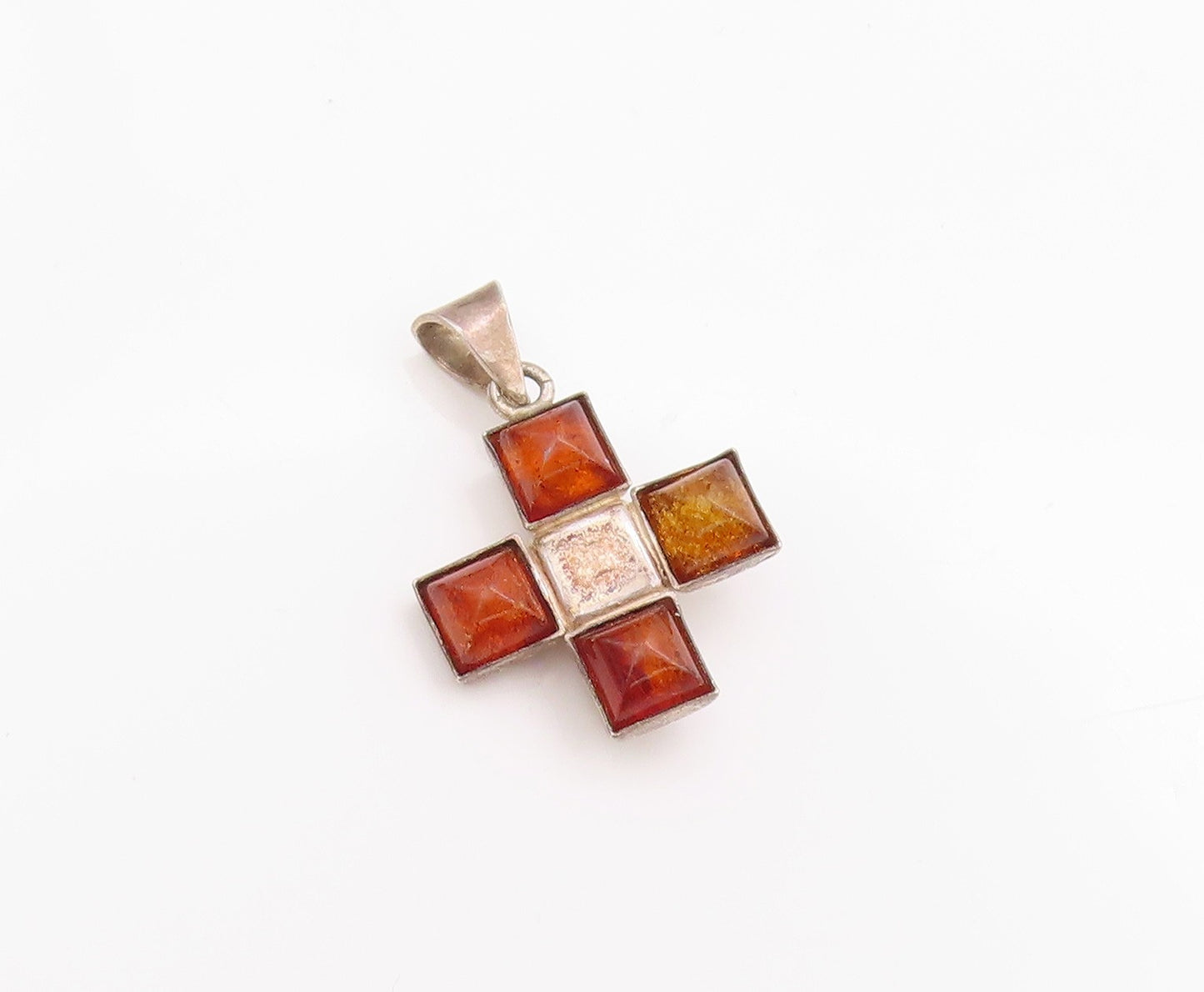 925 Sterling Silver Vintage Pendant Honey Amber Cross Medallion Charm  PT24833