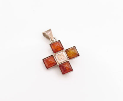 925 Sterling Silver Vintage Pendant Honey Amber Cross Medallion Charm  PT24833