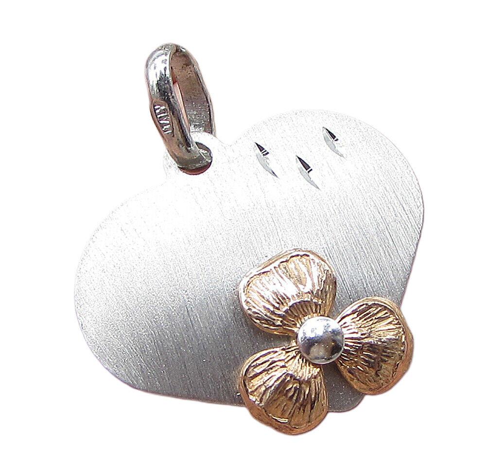 925 Sterling Silver Textured 2 Tone Love Heart Floral Drop Pendant PT1397