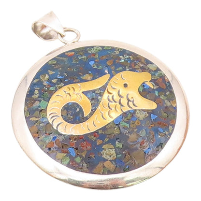 MEXICO 925 Silver  Vintage Crushed Jasper & Lapis Lazuli Sea Pendant  PT20265