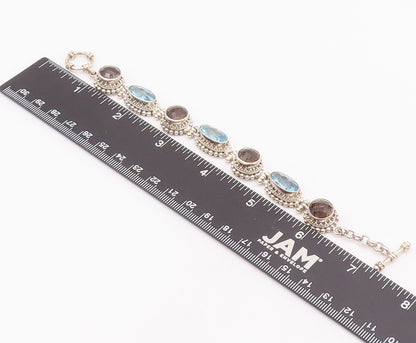 925 Sterling Silver Vintage Bracelet BALI Carved Beaded Two Tone Topaz  BT10397