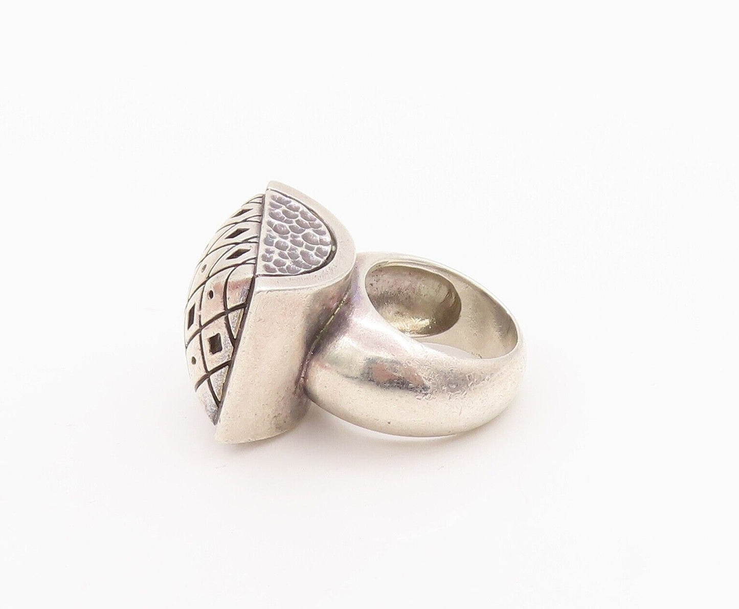 925 Sterling Silver Vintage Ring Designer Puffed Dented Etched  Sz 7  RG28442