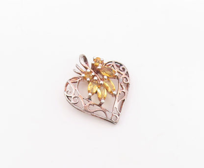 925 Sterling Silver  Vintage Open Love Heart Citrine Leaves Pendant  PT20091