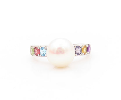 925 Sterling Silver Vintage Ring Modernist Pearl & Gemstone  SZ 8  RG32145