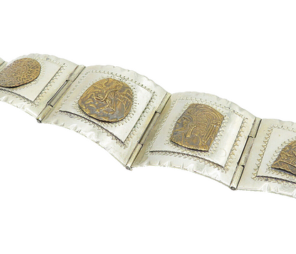 MEXICO 925 Sterling Silver  Vintage Chief's Head 2 Tone Chain Bracelet  BT2738