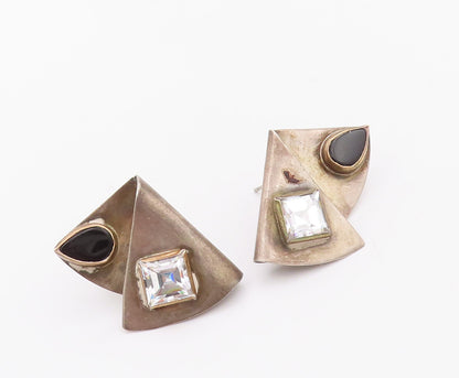 925 Sterling Silver Vintage Earrings Designer Square CZ & Triangle Onyx  EG13014