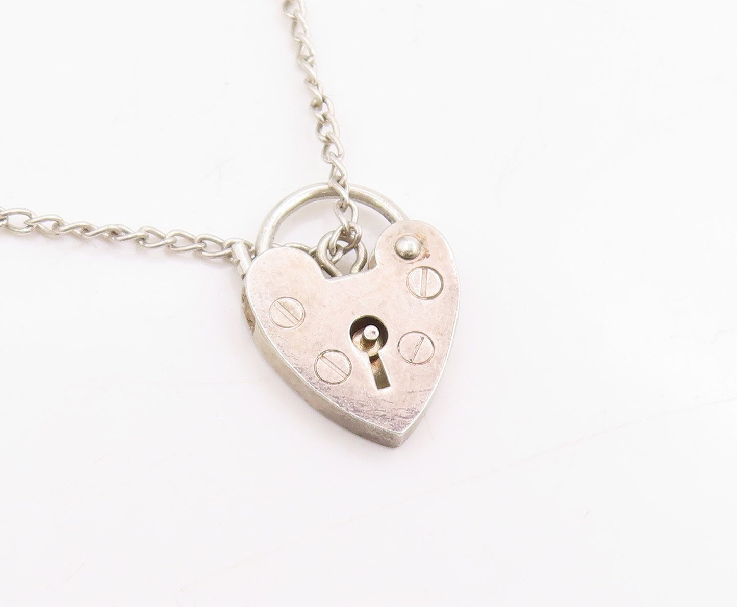 925 Sterling Silver Vintage Bracelet ENGLAND Heart Padlock & Bell Charm  BT11444