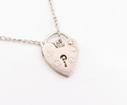 925 Sterling Silver Vintage Bracelet ENGLAND Heart Padlock & Bell Charm  BT11444