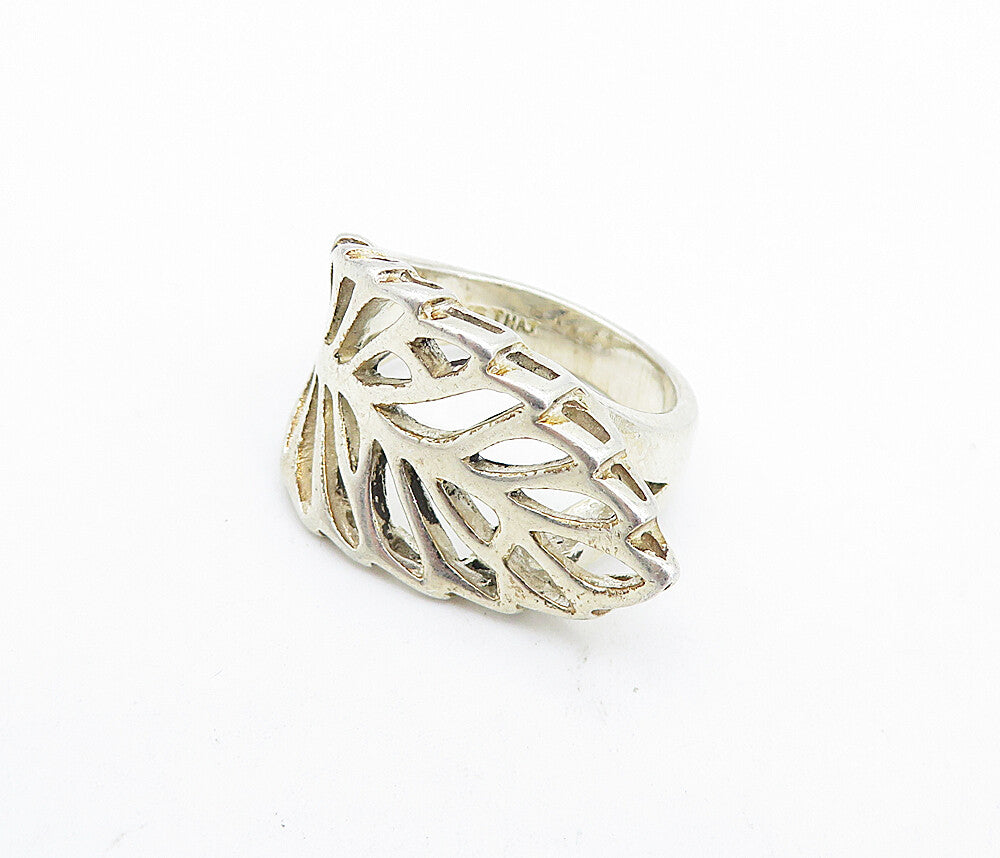 925 Sterling Silver  Vintage Shiny Single Leaf Feather Band Ring Sz 6.5 RG6002
