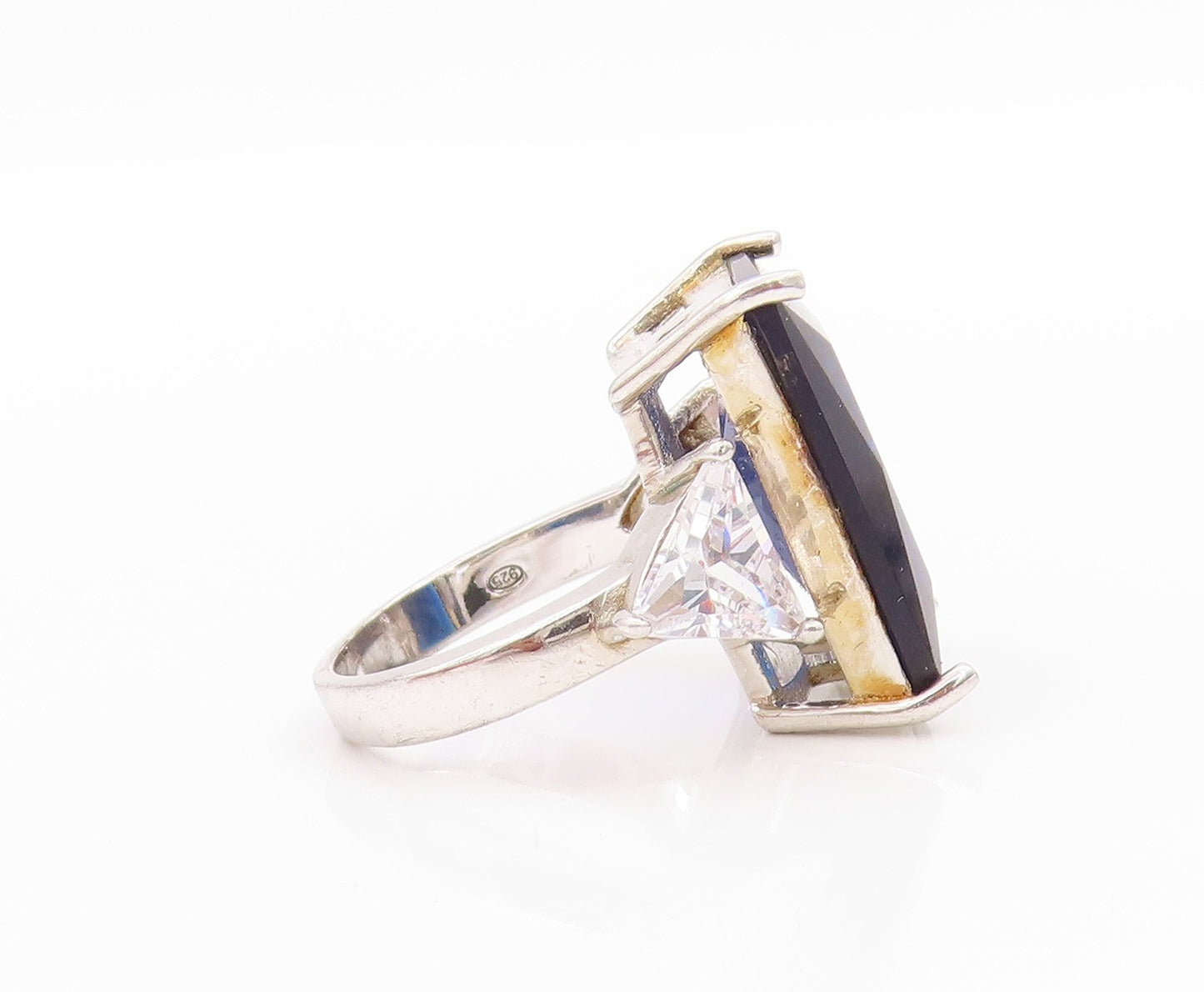 925 Sterling Silver Vintage Ring Rectangle Blue & Triangle Cut CZ  Sz 6  RG33373
