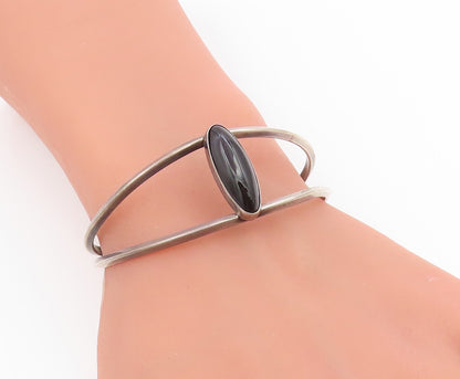925 Sterling Silver Vintage Bracelet Oval Black Onyx Split Shank Cuff  BT11992
