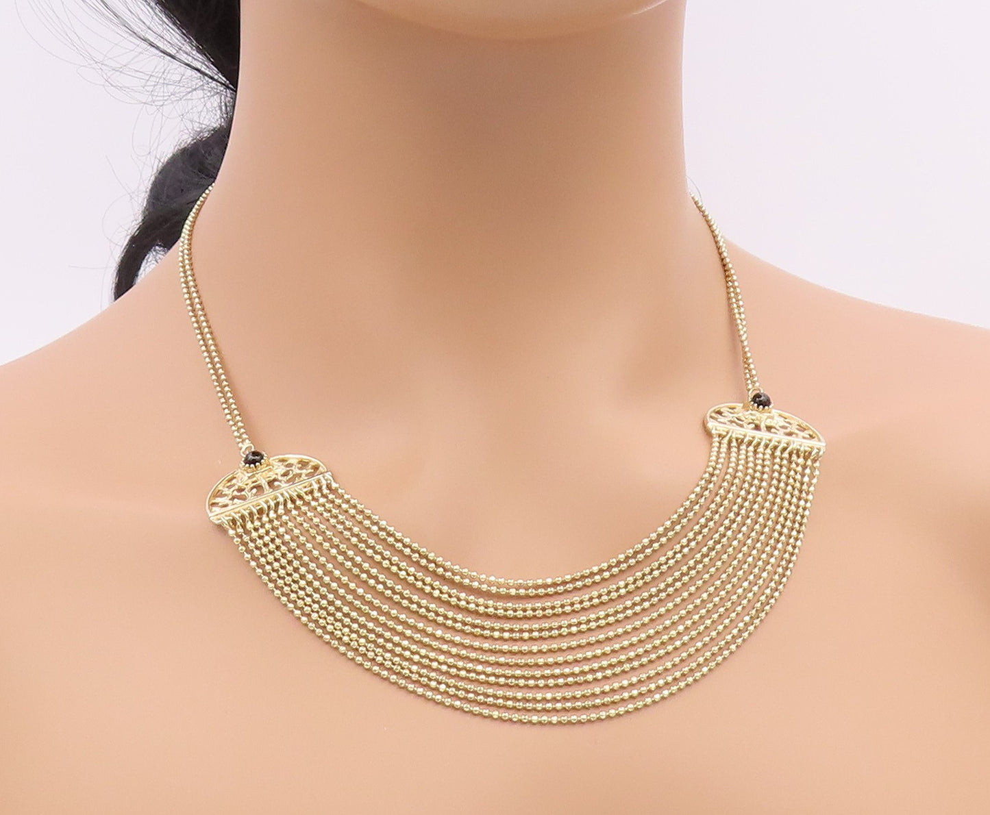925 Silver Vintage Black Onyx Gold Plated Multi Strand Chain Necklace NE3422