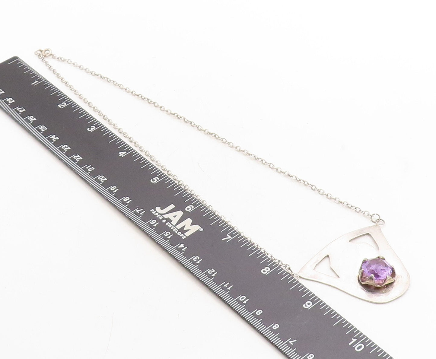 925 Sterling Silver  Vintage Amethyst Cutout Pendant Chain Necklace  NE1857