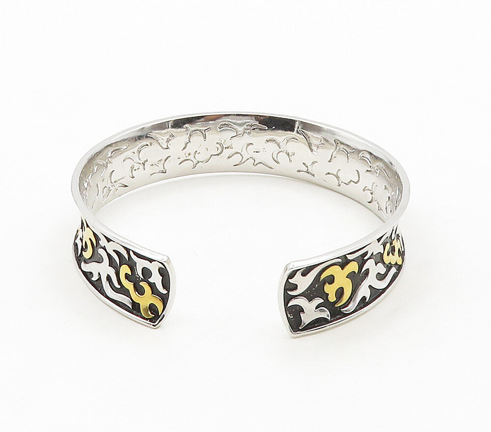 925 Sterling Silver  Shiny Two Tone Embossed Pattern Cuff Bracelet  BT6164