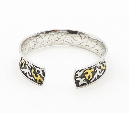 925 Sterling Silver  Shiny Two Tone Embossed Pattern Cuff Bracelet  BT6164