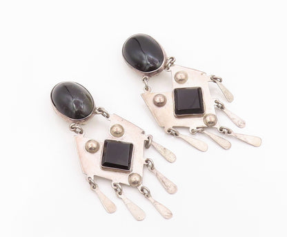 925 Sterling Silver Vintage Earrings MEXICO Cabochon Dangling Onyx Inlay EG13342
