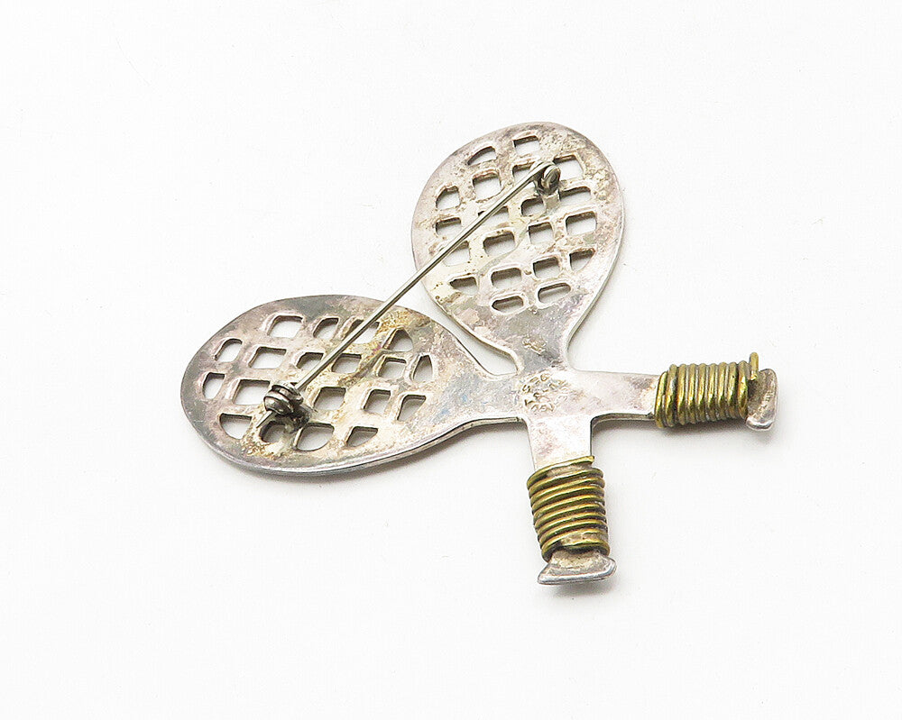 MEXICO 925 Sterling Silver  Vintage Tennis Rackets Sports Brooch Pin  BP4120