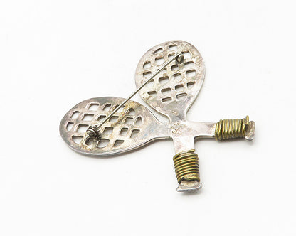 MEXICO 925 Sterling Silver  Vintage Tennis Rackets Sports Brooch Pin  BP4120