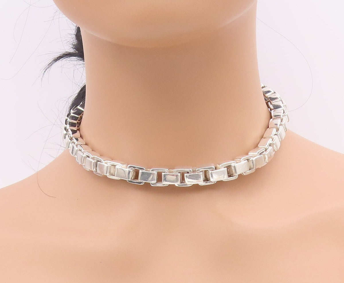 925 Sterling Silver Vintage Necklace Solid Geometric Venetian Box Chain  NE4692