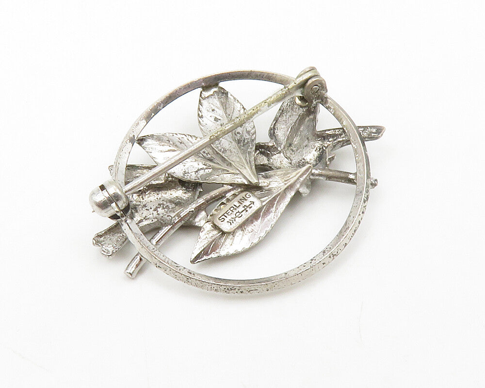 CARL ART 925 Silver  Vintage Perched Love Birds Floral Motif Brooch Pin BP5290