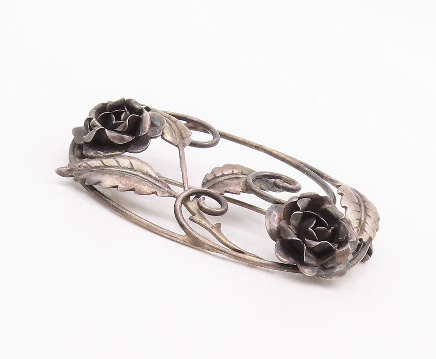 925 Sterling Silver Vintage Brooch Pin Designer Oval Cutout Flowers  BP10930