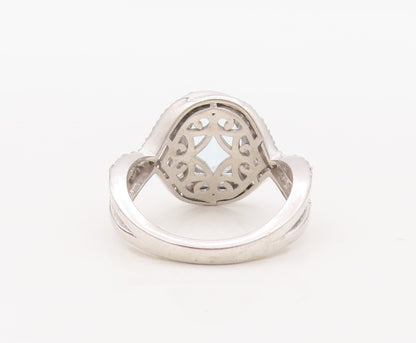 925 Sterling Silver Vintage Ring Designer Oval Blue Halo White CZ  Sz 8  RG30621