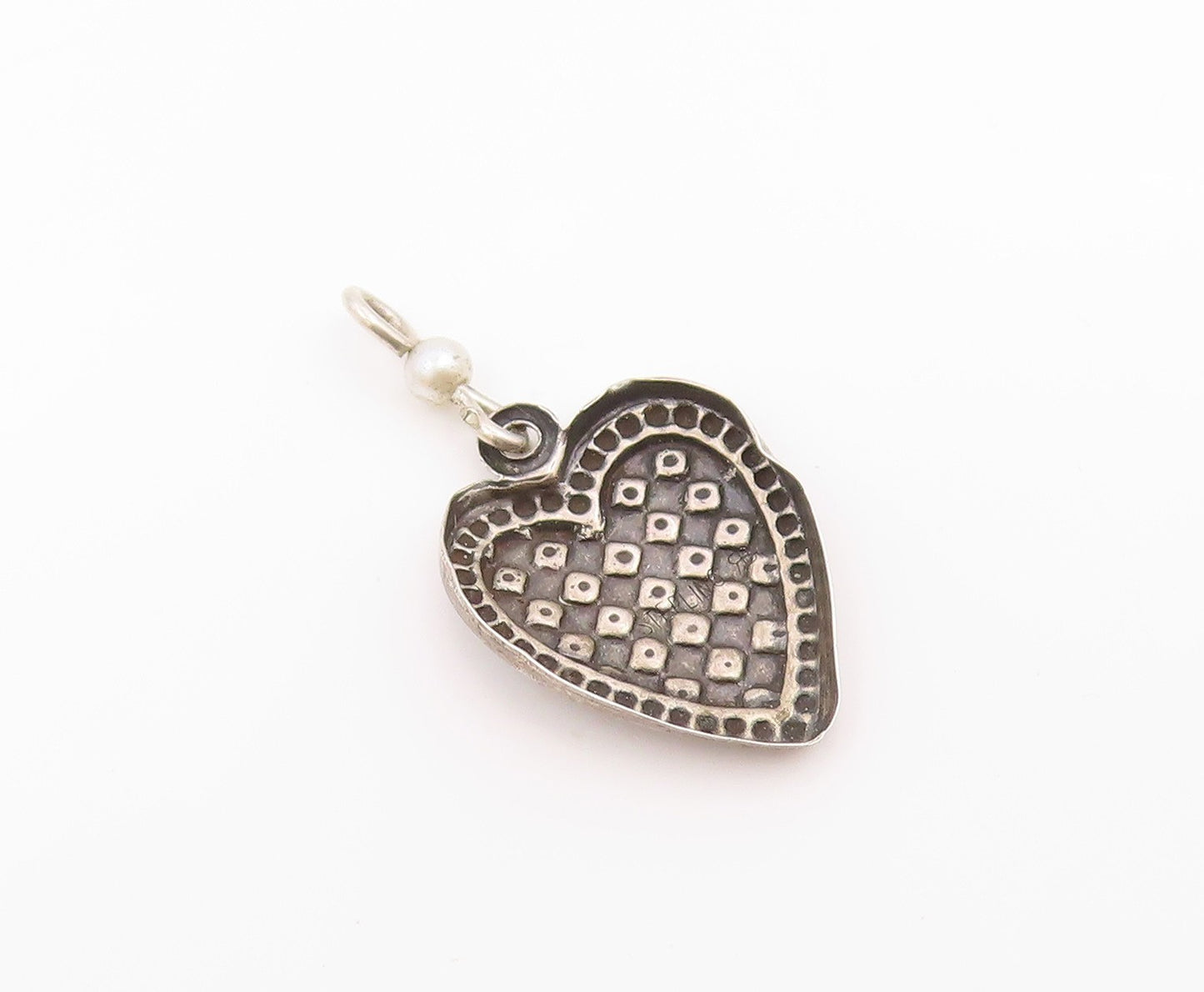925 Sterling Silver Vintage Petite Pearl Checkered Love Heart Pendant  PT16466