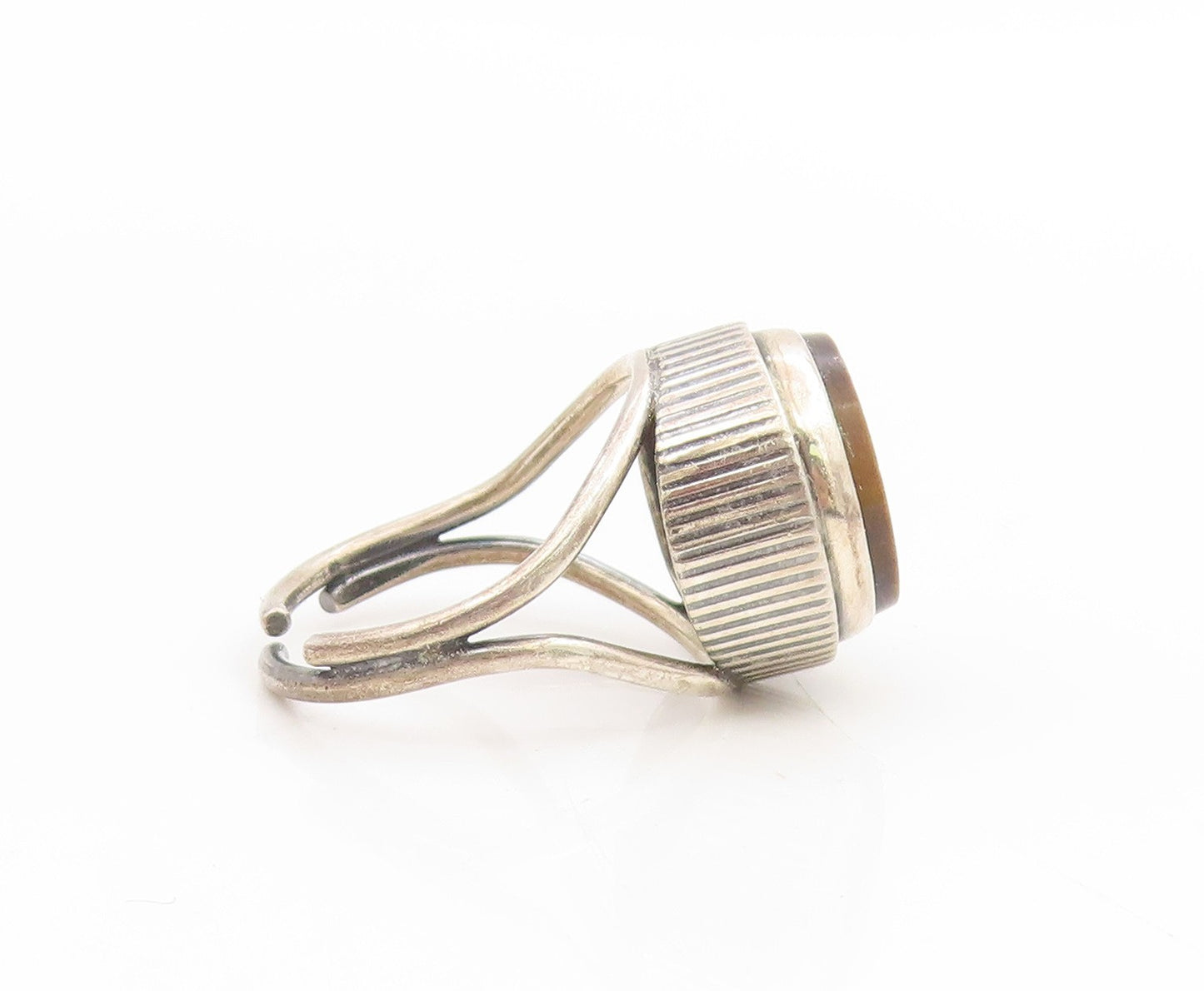 925 Sterling Silver Vintage Ring Round Tiger's Eye Modernist Band Sz 7.5 RG34669