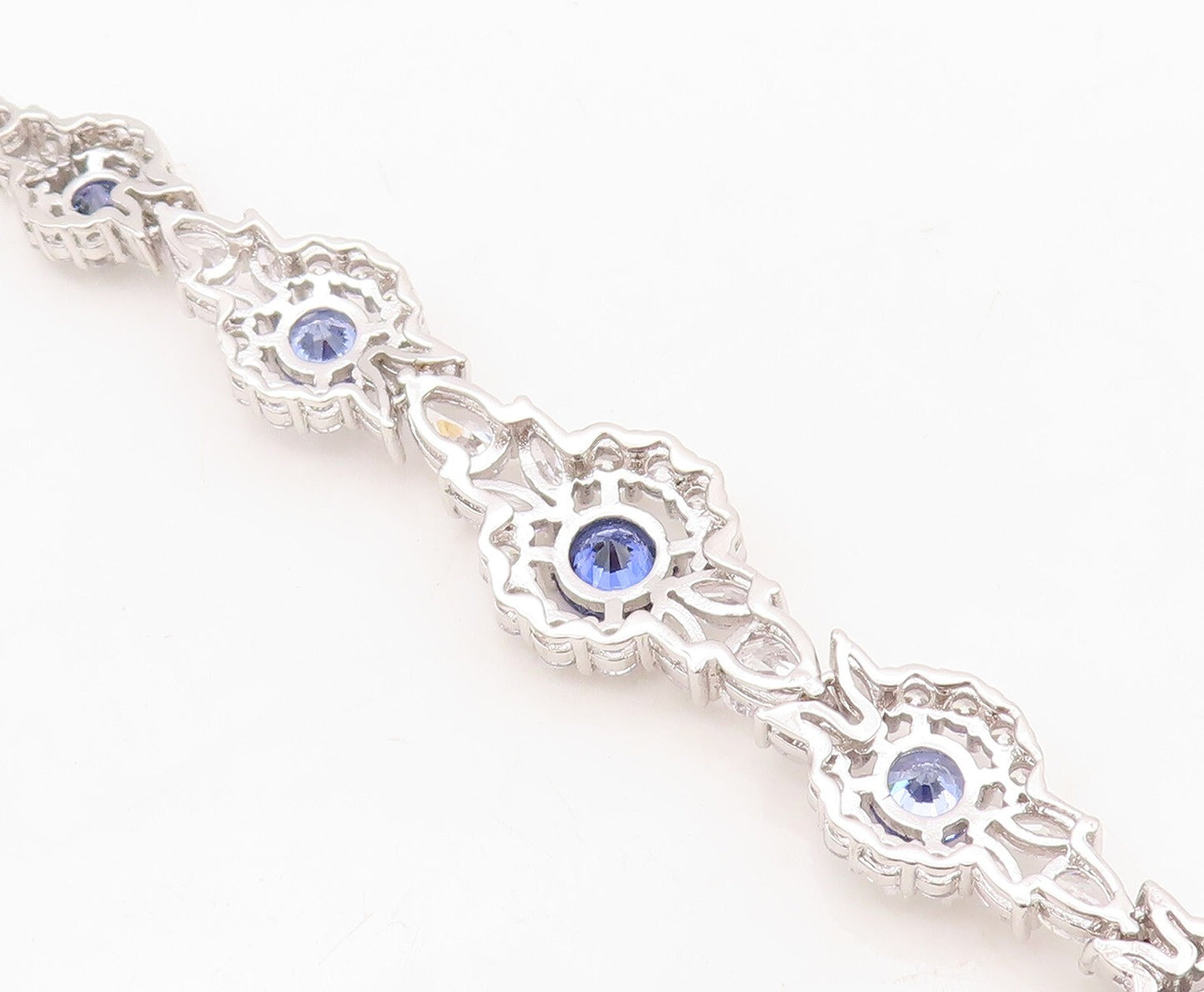 925 Sterling Silver Vintage Bracelet Cutout Floral Inlay Blue & White CZ BT10740