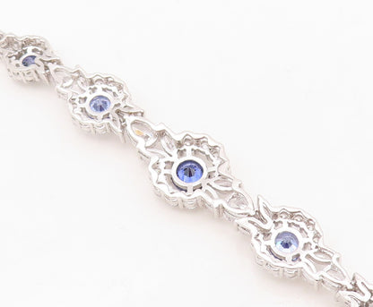 925 Sterling Silver Vintage Bracelet Cutout Floral Inlay Blue & White CZ BT10740